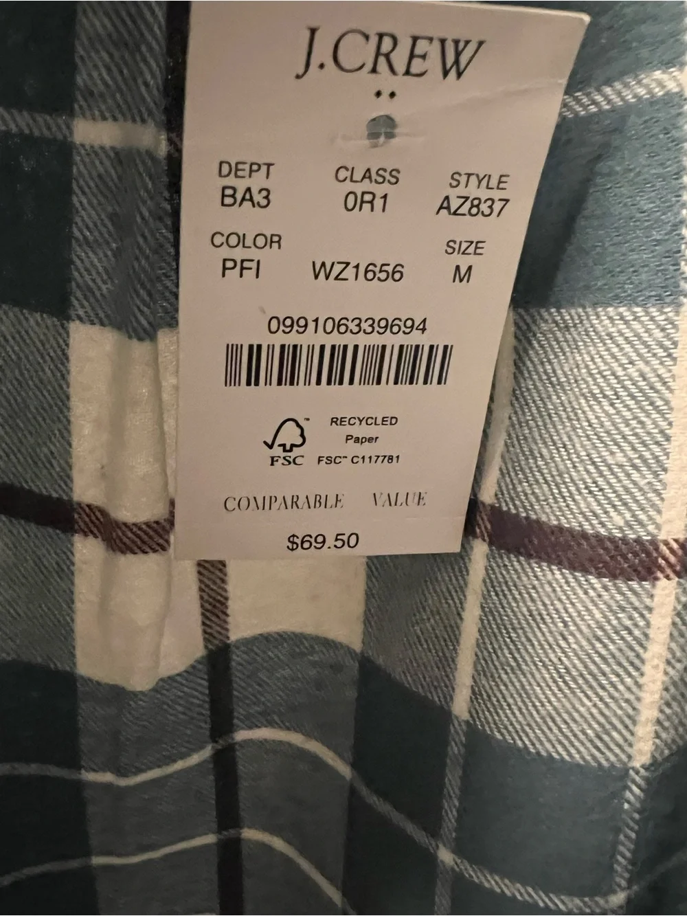 J. Crew Plaid Flannel Button-Down Shirt in Blue and Cream